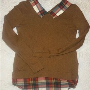 J. Crew Factory Brown Sweater with Plaid Collar